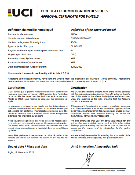 Certificato di approvazione UCI per la ruota in carbonio ProX