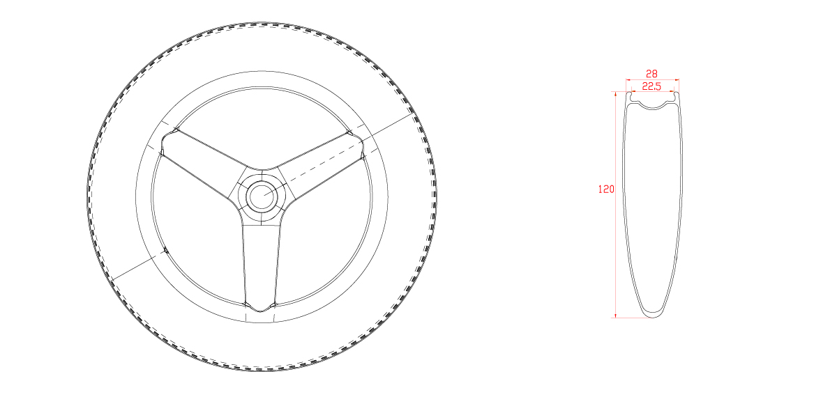 120mm deep 3-spoke carbon wheel drawing
