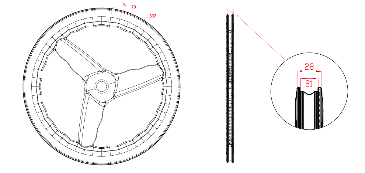 tri-spoke wheels 70-75mm wavy depth drawing